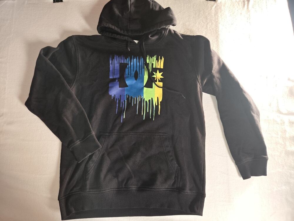 DC Black Pullover Hoodie Colorful Paint Drip Logo Design Size L
